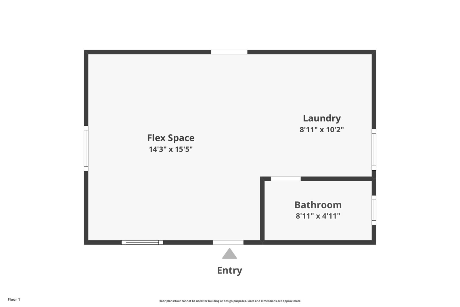 Floor plan of the flex space, laundry and bath
